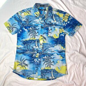 Men's Large Hawaiian Shirt Carbon Blue Short Sleeve Button-Down Slim - Vacation